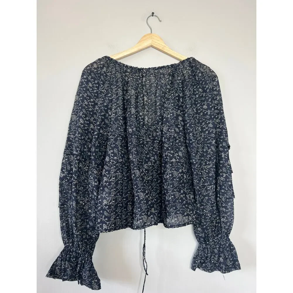 NWT Ulla Johnson Cora Puff-Sleeve Tie Layered Boat Neck Blouse Navy Blue Size: 2